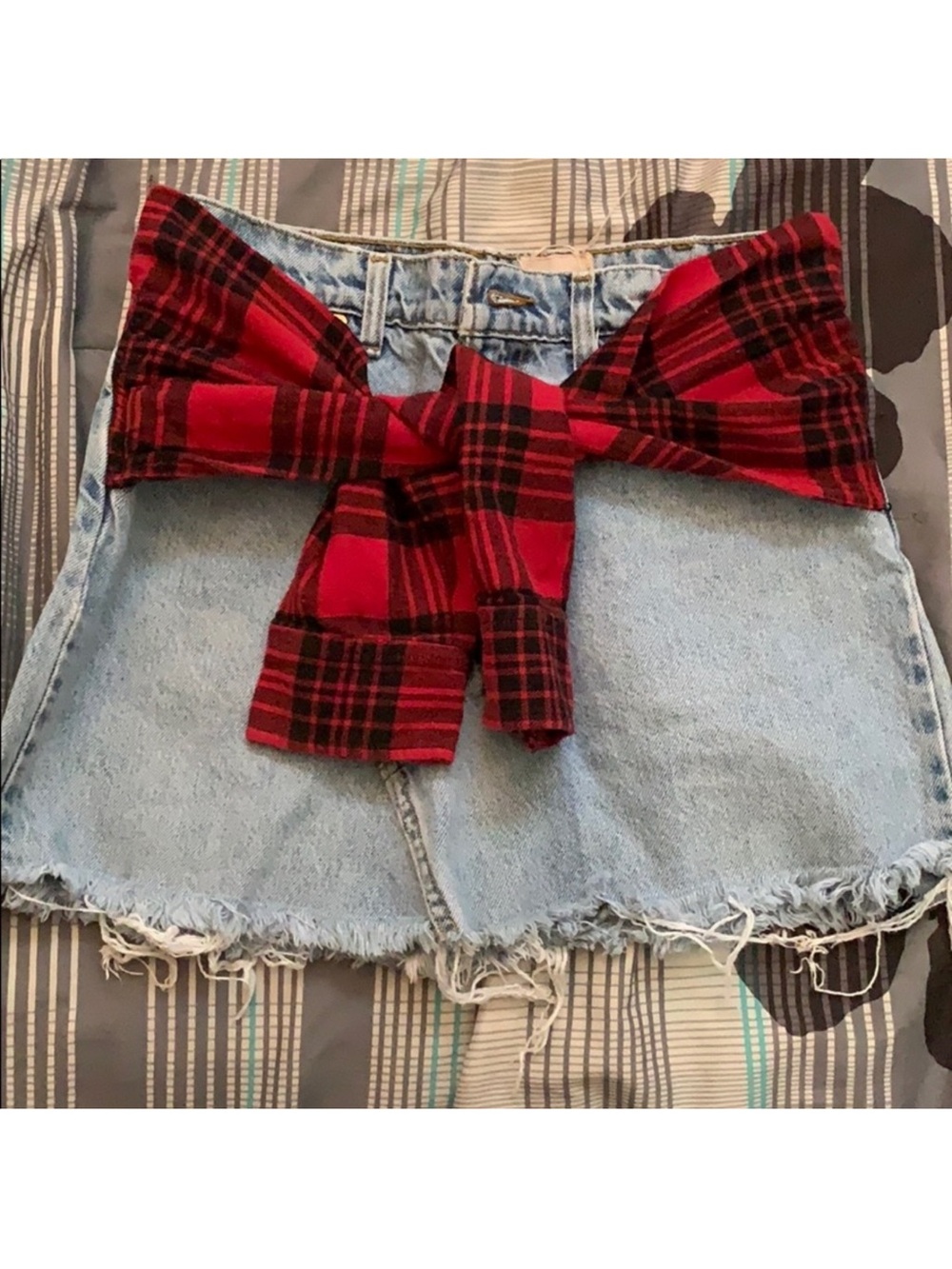 Light Wash Denim Mini Skirt with Red Plaid Tie Accent Levi skirt